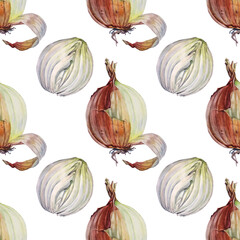 Fototapeta premium Seamless pattern watercolor unpeeled onion and slice isolated on white background. Vitamin golden brown vegetable for health. Hand-drawn spicy food for soup, cookbook menu. Art for sticker wallpaper