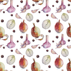 Seamless pattern watercolor peeled garlic onion and  peppercorn isolated on white background. Hand-drawn clove spicy condiment seasoning vegetable for cooking book menu. Art flavored food for cafe