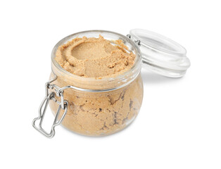 Delicious meat pate in glass jar isolated on white