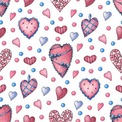 Watercolor hearts on a white background. Seamless pattern. Background for Valentine's Day.
