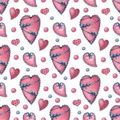 Watercolor hearts on a white background. Seamless pattern. Background for Valentine's Day.