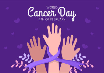 World Cancer Day with Ribbon Flat Vector Illustration. Inform the Public About Disease Awareness on February 4th Through Campaign Background or Poster