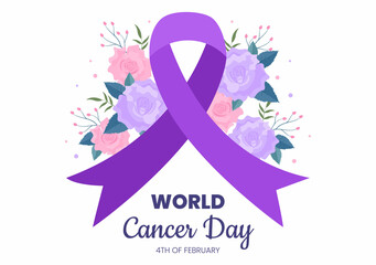 Fototapeta premium World Cancer Day with Ribbon Flat Vector Illustration. Inform the Public About Disease Awareness on February 4th Through Campaign Background or Poster