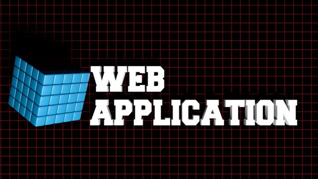 The write WEB APPLICATION in white letters, near a blue composite cube, on black background with red grid - 3D rendering illustration