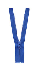 Blue zipper isolated on white, top view