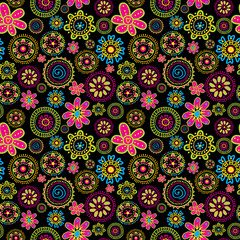 Floral seamless pattern with stylized flowers over black background