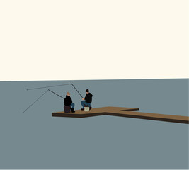 Male friends fishing with rod sitting on the wooden pier during the morning light on the lake. Leisure and people concept. vector illustration.
