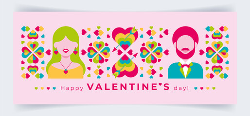 Valentine's day banner with icons of man and woman and geometric mosaic of hearts. Creative modern background, template for advertizing, promotion, dating, party, flyer, banner,  invitation