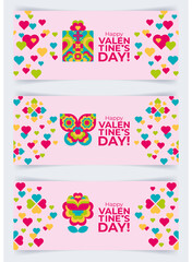 Set of Valentine's day banners with creative simbols of gift, rose, butterfly, hearts and greeing. Colourfull modern background, template for advertizing, party, event. Flyer