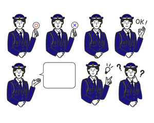 ボブヘアーの警察官の制服を着た穏やかそうな女性警察官の表情のバリエーションセットの白バックのシンプルな線画のイラスト