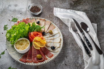 An appetizer in a restaurant, assorted meats. Sliced meat and sausage in layers on a plate with greens against a gray stone table 