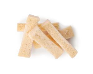 Crispy rusks on white background, top view