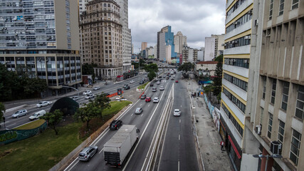 Sao Paulo, Brazil, November 20, 2021. Traffic on the Prestes Maia Avenue, downtown Sao Paulo city