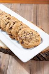 A view of a plate of chocolate chip cookies.