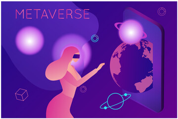 Metaverse concept, woman wearing virtual reality headset glasses connecting to virtual space and universe vector illustration
