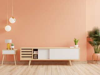 Calming Coral wall background, a modern living room decor with a tv cabinet.