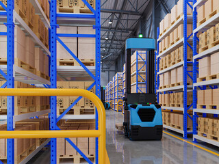 Robot forklift efficiently sorting hundreds of parcels per hour in factory. © Vanitjan