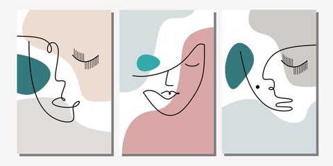 Set of abstract women face wall art. One continuous line lady face wall decor. Contemporary vintages face wall Decorations.