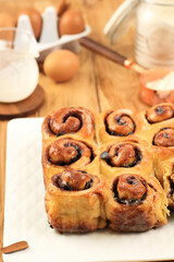 Fresh Cinnamon Rolls, Fragrant Homemade Cakes, Cinnabon with Raisin., Topping with Cream Cheese Glaze Frosting
