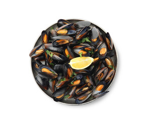 Plate with cooked mussels, parsley and lemon isolated on white, top view