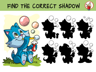 Cat blowing soap bubbles. Find the correct shadow