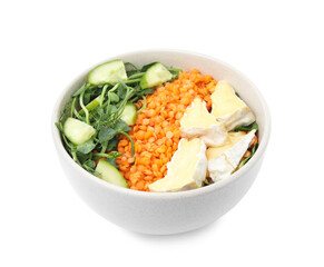 Delicious lentil bowl with soft cheese and cucumber on white background