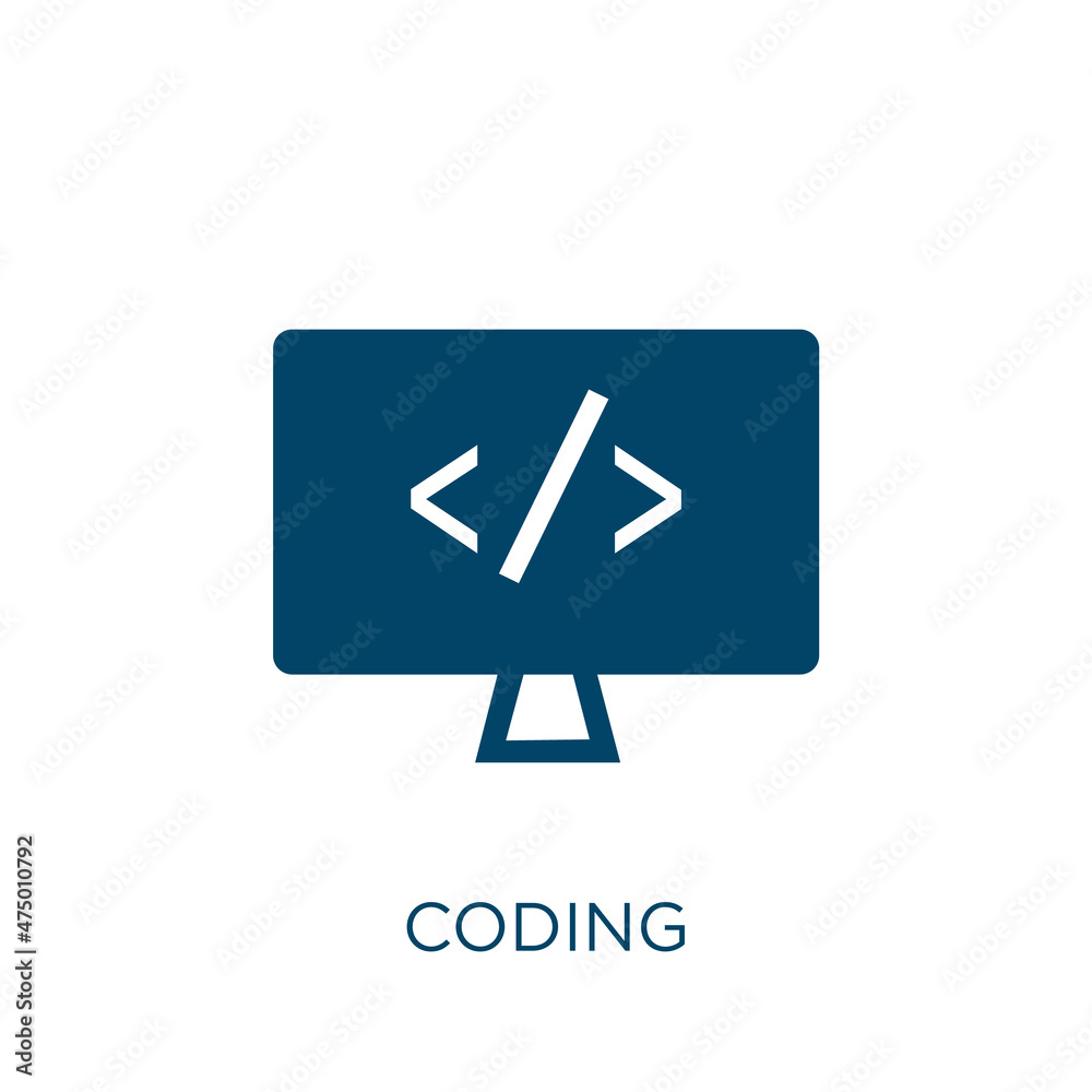 Poster coding vector icon. development filled flat symbol for mobile concept and web design. black computer