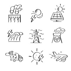Fototapeta premium Sustainable energy generation and usage. Alternative power sources. Nuclear, green fuel and eco aviation. Doodle icons