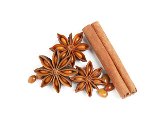 Dry anise stars and cinnamon stick on white background, top view