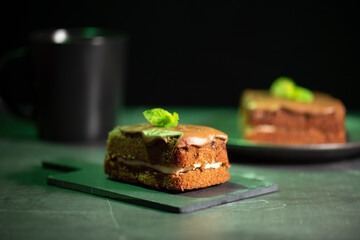 Soft and spongy fresh baked Chocolate and Mint Bar Cake