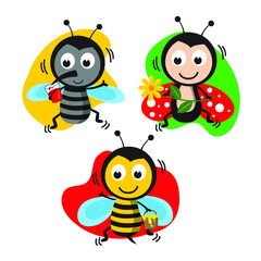 cute insect cartoon character illustration set_bee with honey bucket_ladybug with flower and mosquito with blood