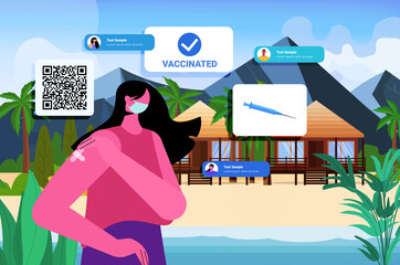vaccinated woman traveler after vaccine injection successful covid-19 vaccination summer vacation concept
