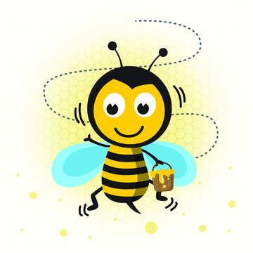 Cute Bee Cartoon Character With Honey Bucket