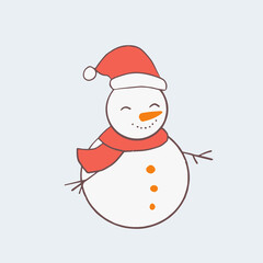 Cute smiling snowman wearing red hat and scarf