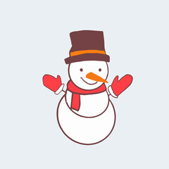 Smiling snowman in a hat wearing red scarf and mittens