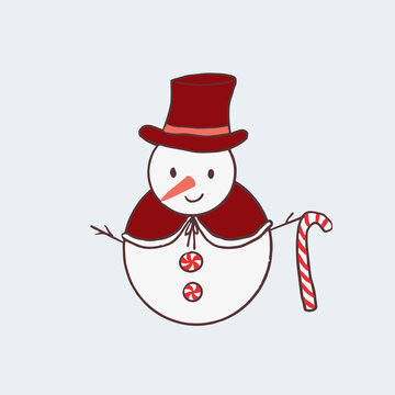 Cute snowman wearing dark red clothes and holding a candy cane