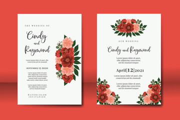Wedding invitation frame set, floral watercolor Digital hand drawn red camellia Flower design Invitation Card Template