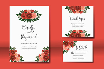 Wedding invitation frame set, floral watercolor Digital hand drawn red camellia Flower design Invitation Card Template