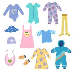 Set of cute baby and infant clothes in doodle boho cartoon style. Vector clip art for design.
