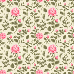 Vintage Shabby Chic Pink Rose Flower Seamless Pattern Background for autumn and spring textile, paper, prints, background, fabric, feminine beauty products, romantic gift wrapping