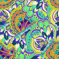 Fototapeta na wymiar Colorful seamless pattern with crazy psychedelic organic abstract elements, print with plant and mushrooms 