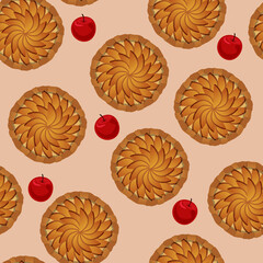Vector seamless pattern of apple pies top view isolated on coral background.  © Karina Khoss