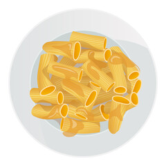 Rigatoni pasta with butter in a plate isolated on white background. Vector cartoon illustration.

