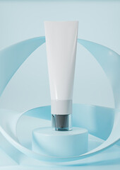 White tube skincare lotion mockup on blue background.