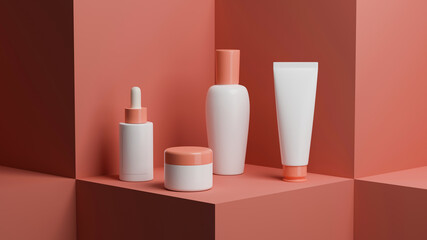 Set of a minimal beauty product packaging on pink square pedestal.