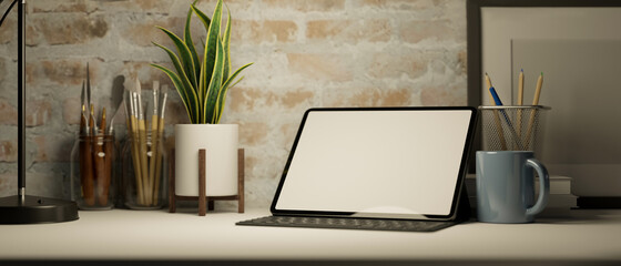 Modern workspace with digital tablet or touchpad mockup
