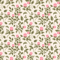 Vintage Shabby Chic Pink Rose Flower Bud and Leaf Branch Seamless Pattern for autumn and spring textile, paper, prints, background, fabric, feminine beauty products, romantic gift wrapping