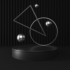 Black podium, pedestal or platform with silver elements. Advertising place scene.  3d Rendering