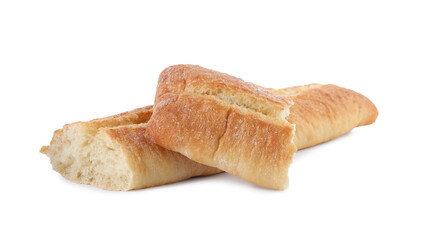 Pieces of fresh baguette on white background