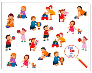 Children's logic game find a couple. Cute cartoon kids playing with toys. vector isolated on a white background.